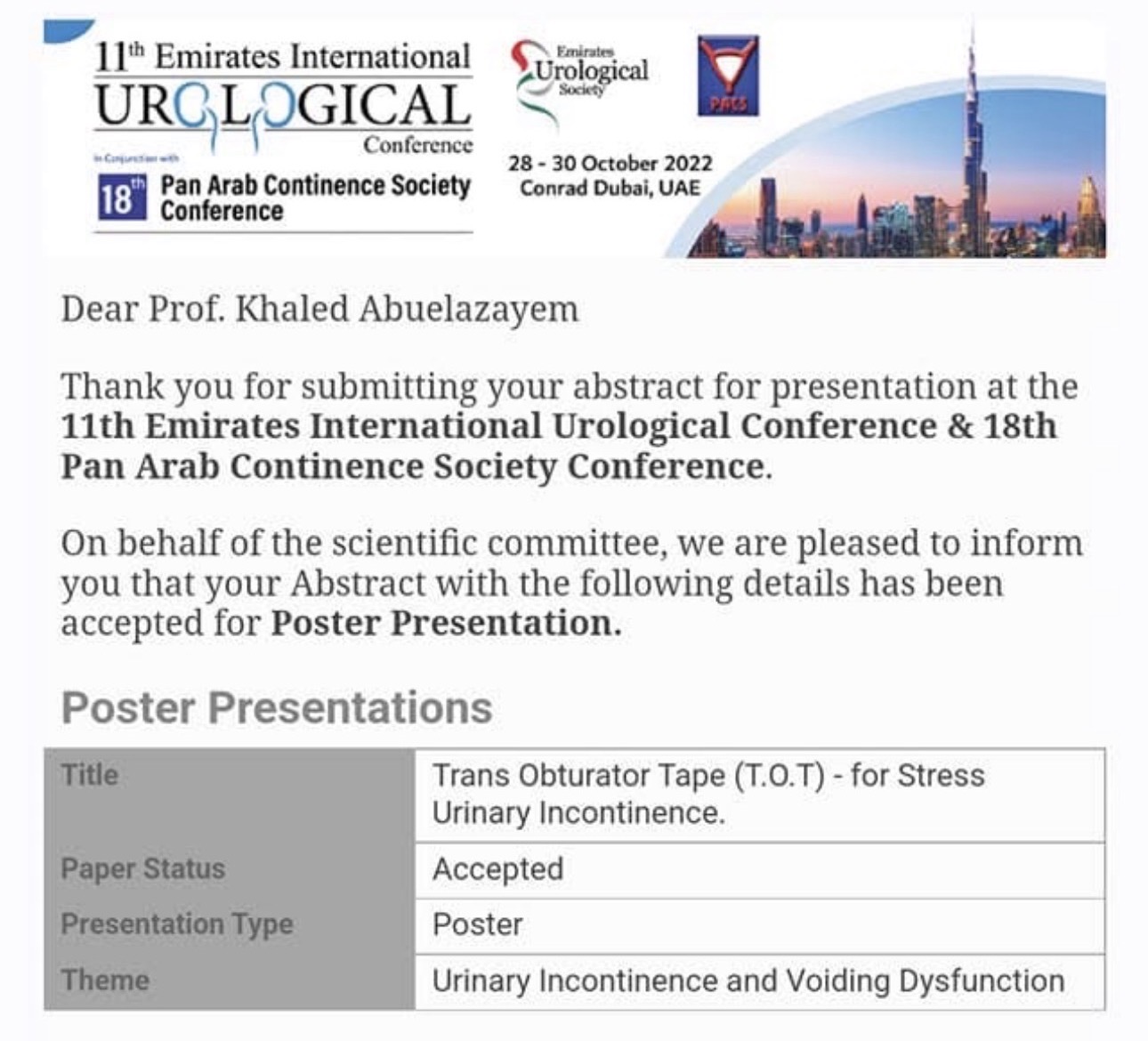Work on stress urinary incontinence presented at the Emirates International Urological Conference and PACS 2022.